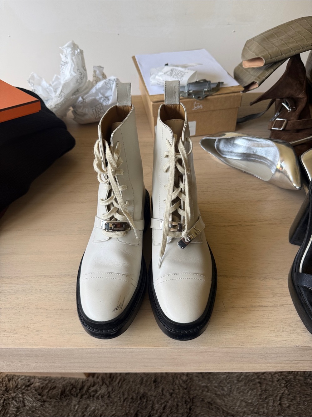 Hermes Cream Leather Lace-Up Ankle Boots with Palladium Buckle